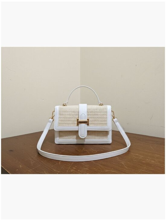 Handbags - Vegan Leather Patchwork Straw Crossbody Bag with Top Handle